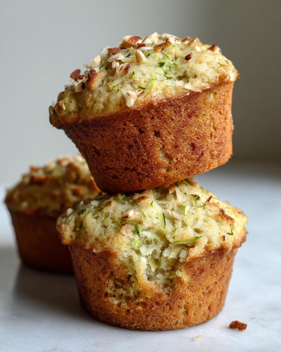 A stack of three Fluffy Almond Zucchini Muffins, topped with almonds and shredded zucchini.
