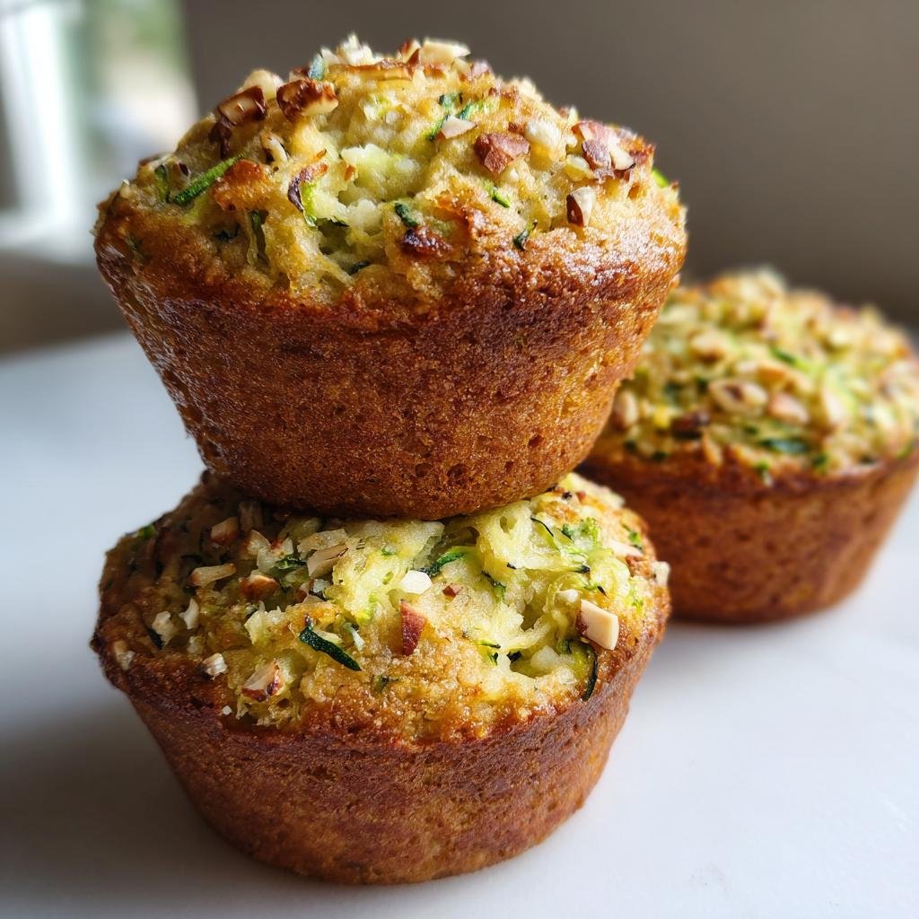 A stack of three Fluffy Almond Zucchini Muffins, topped with almonds and zucchini.