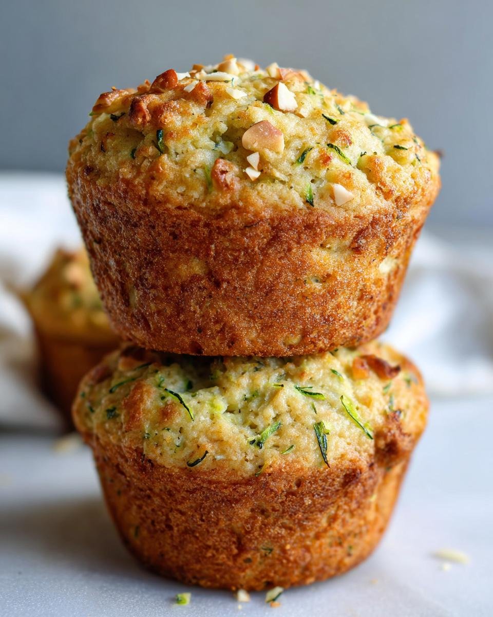 Two fluffy almond zucchini muffins stacked on top of each other, topped with chopped almonds.