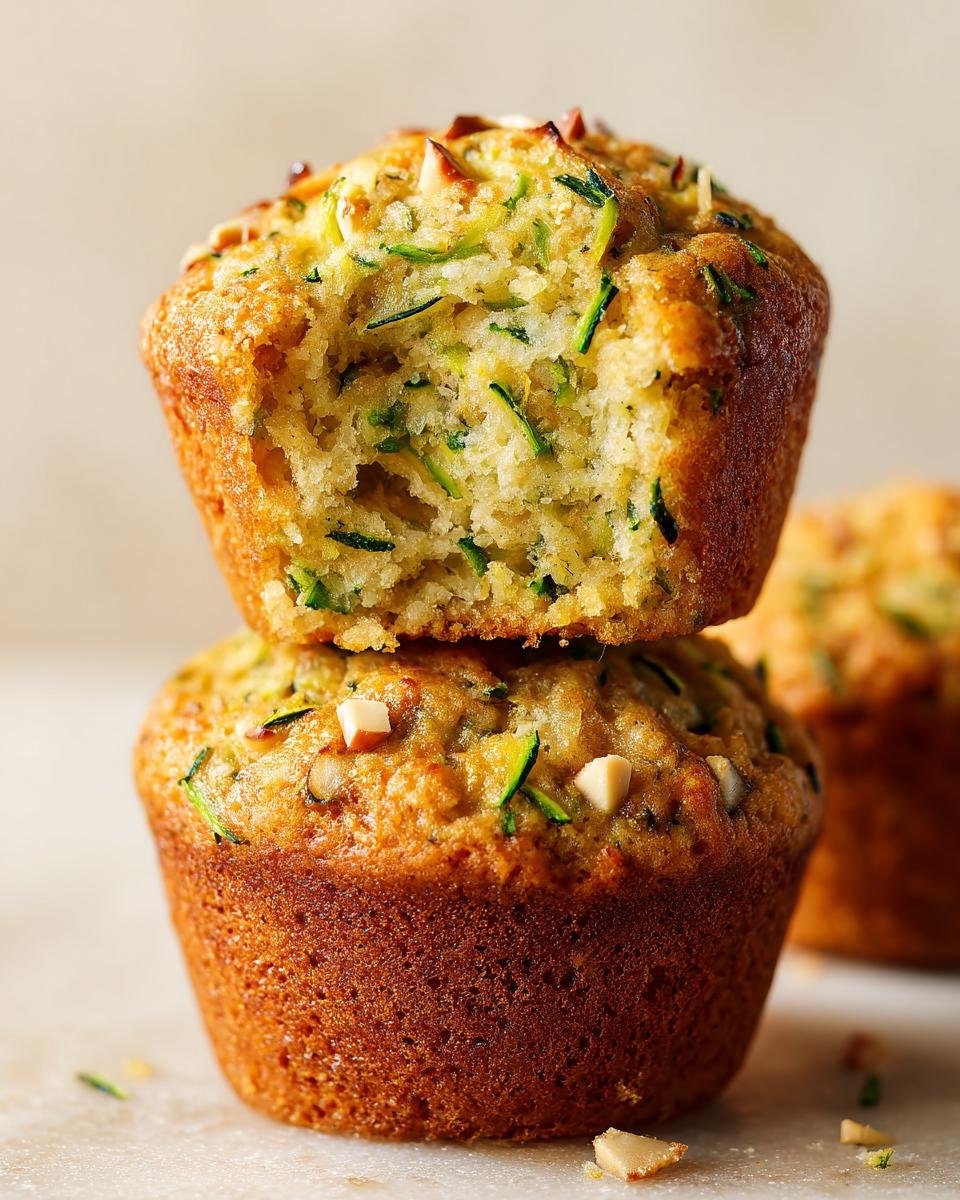 Two stacked Fluffy Almond Zucchini Muffins, the top one with a bite taken out, showing the zucchini and almond.