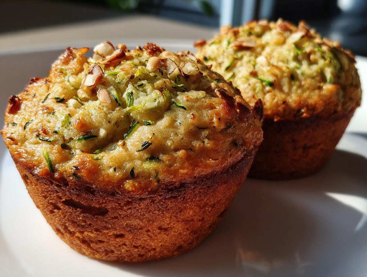 Two fluffy almond zucchini muffins with almond topping, showcasing their golden-brown color and moist texture.