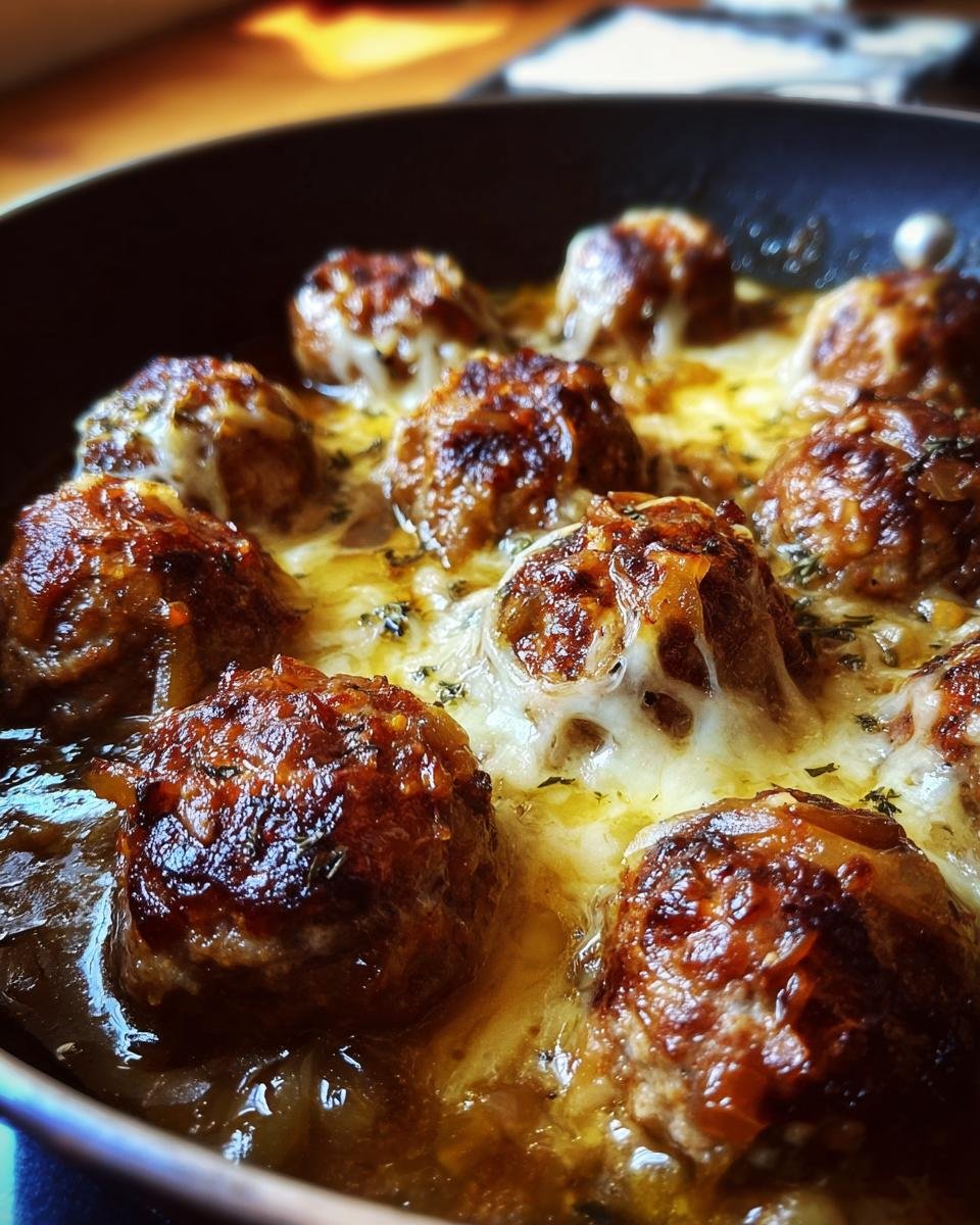 Close-up of French Onion Meatballs in a skillet, topped with melted cheese and herbs.