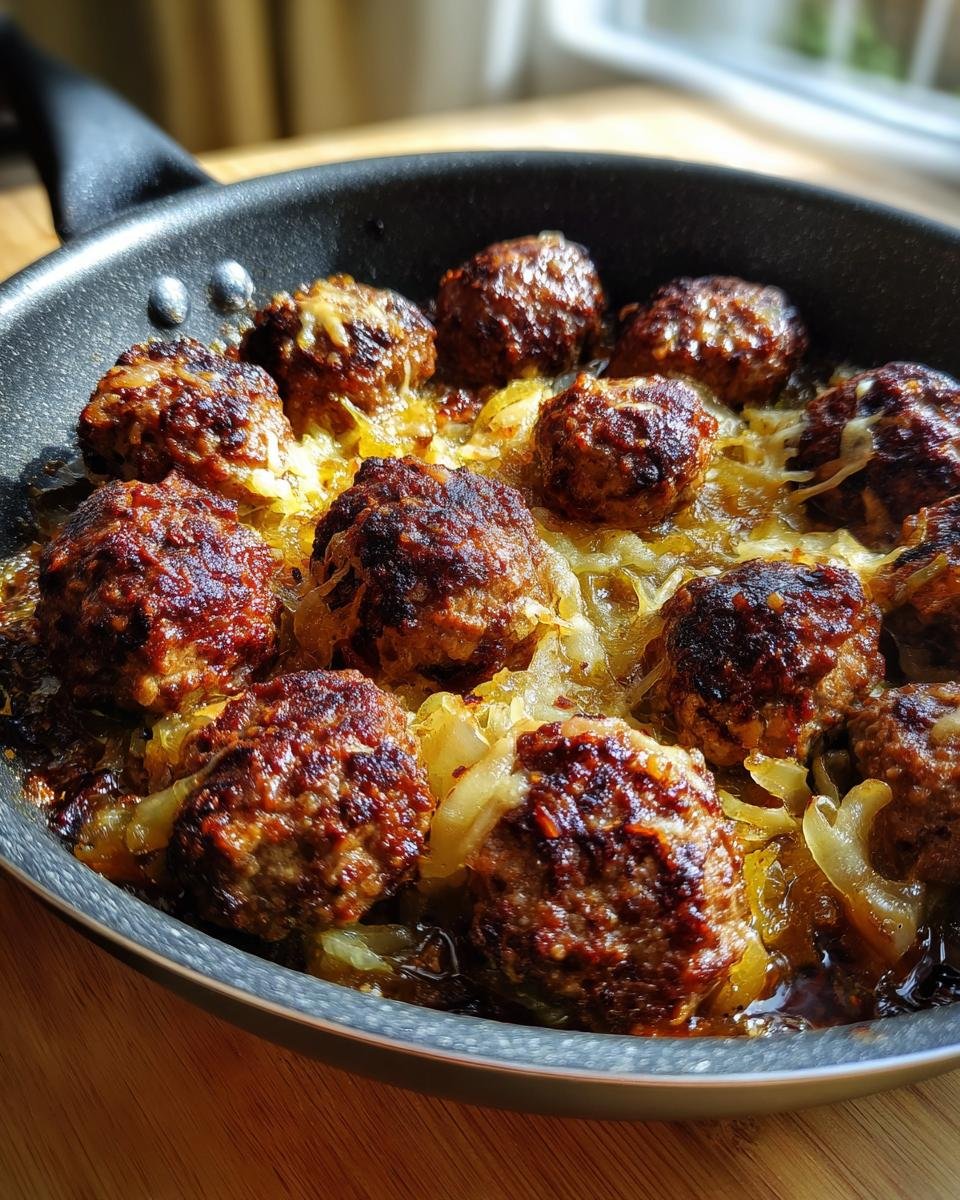 Close-up of French Onion Meatballs simmering in a skillet, topped with caramelized onions and melted cheese.