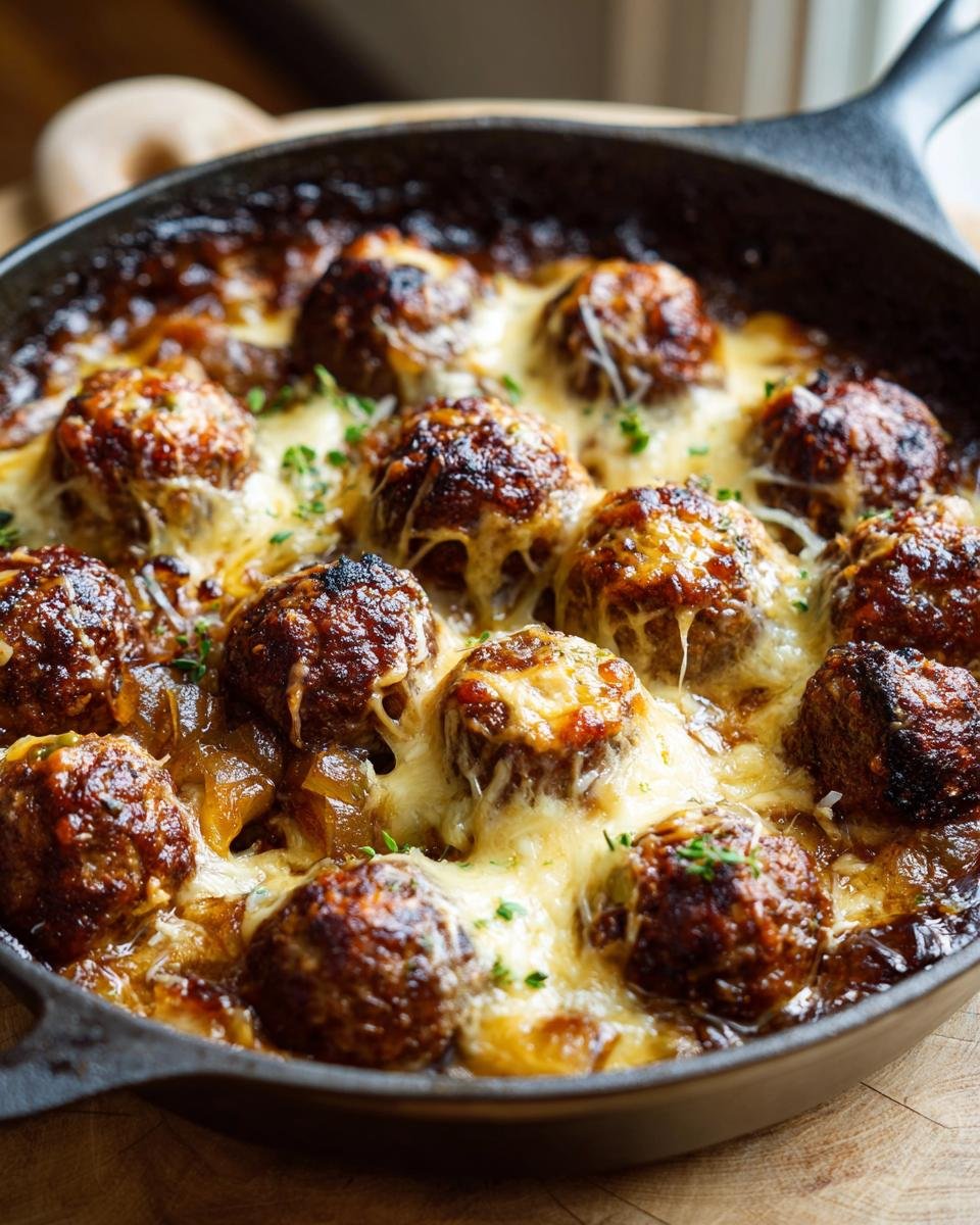 Close-up of French Onion Meatballs baked in a skillet with melted cheese and caramelized onions.