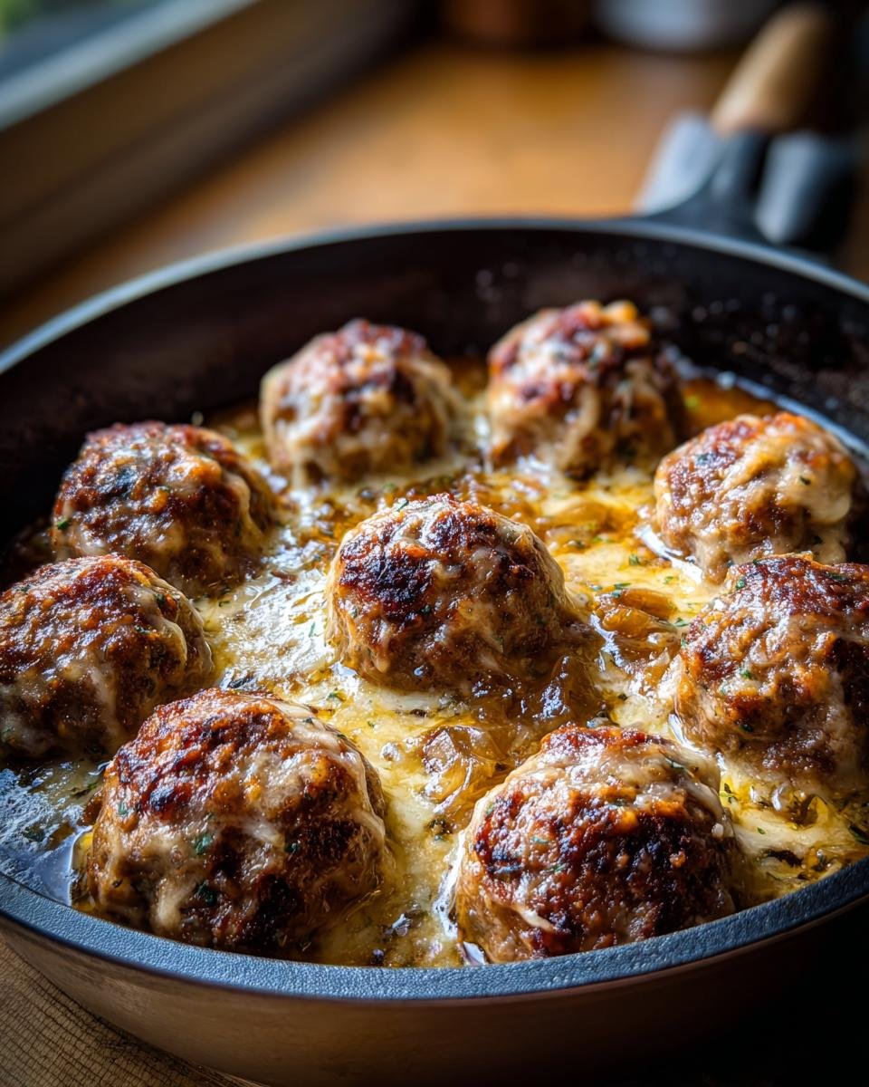 French Onion Meatballs baked in a skillet with melted cheese and caramelized onions.