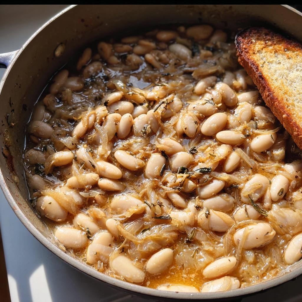 Overhead shot of French Onion White Beans in a pan, served with a slice of toasted bread.