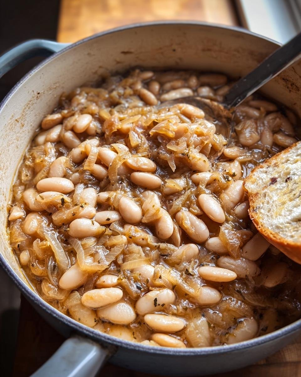 Close-up of French Onion White Beans in a pot with a serving spoon and slice of bread.