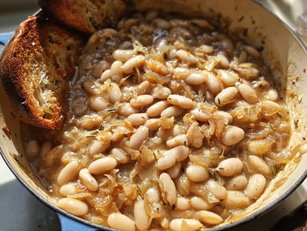 Overhead shot of French Onion White Beans in a pot, served with a slice of toasted bread.