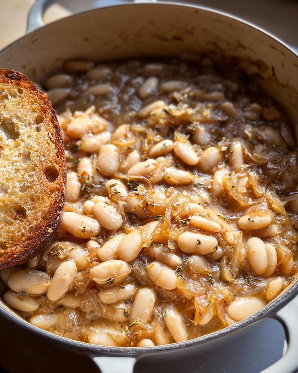 Close-up of French Onion White Beans in a pot, served with a slice of toasted bread.