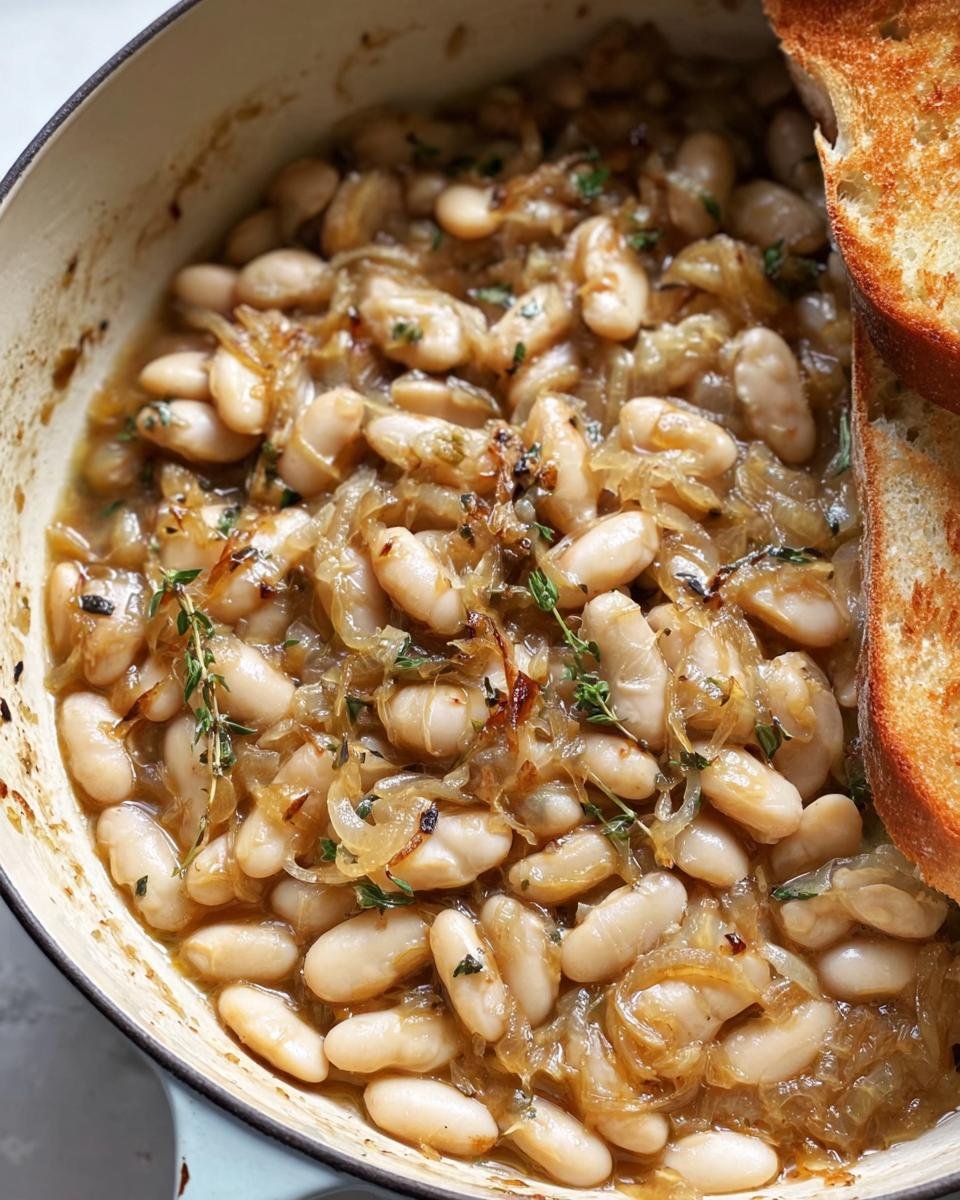 Close-up of French Onion White Beans in a pot, garnished with herbs and served with toasted bread.