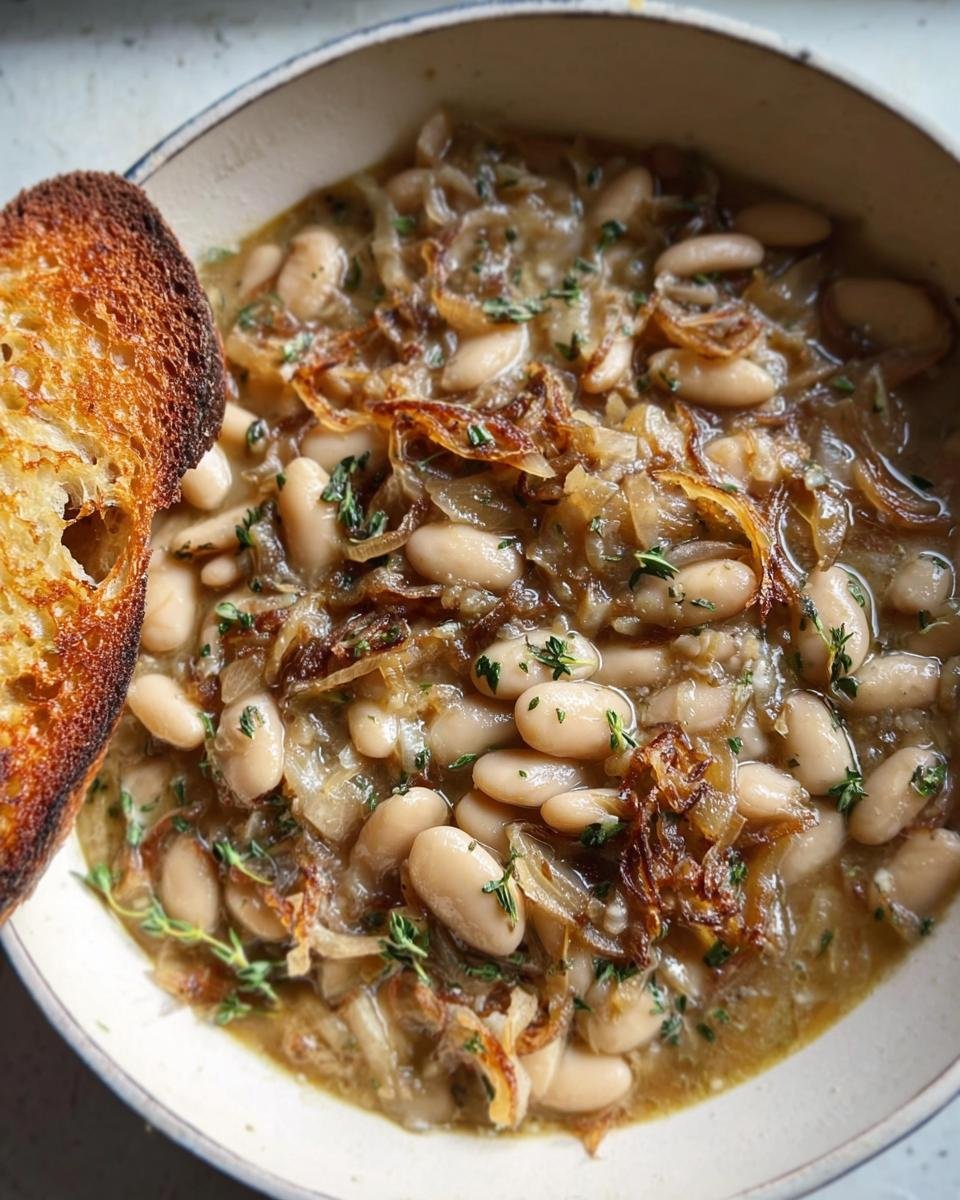 Bowl of French Onion White Beans, garnished with thyme and served with a slice of toasted bread.