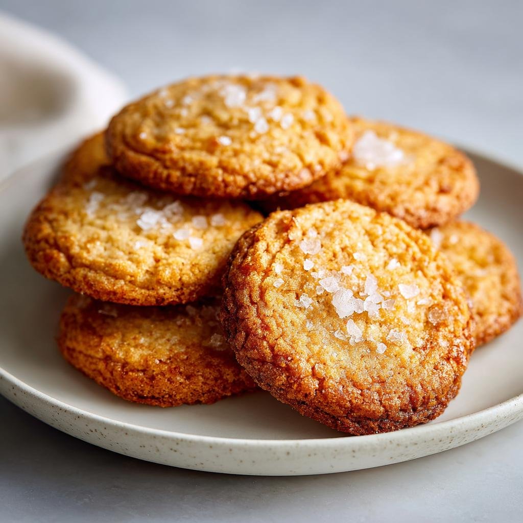 A stack of golden brown French Salted Butter Cookies sprinkled with coarse salt on a speckled plate.