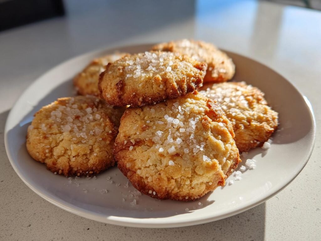 A plate of golden French Salted Butter Cookies, sprinkled with coarse sea salt.