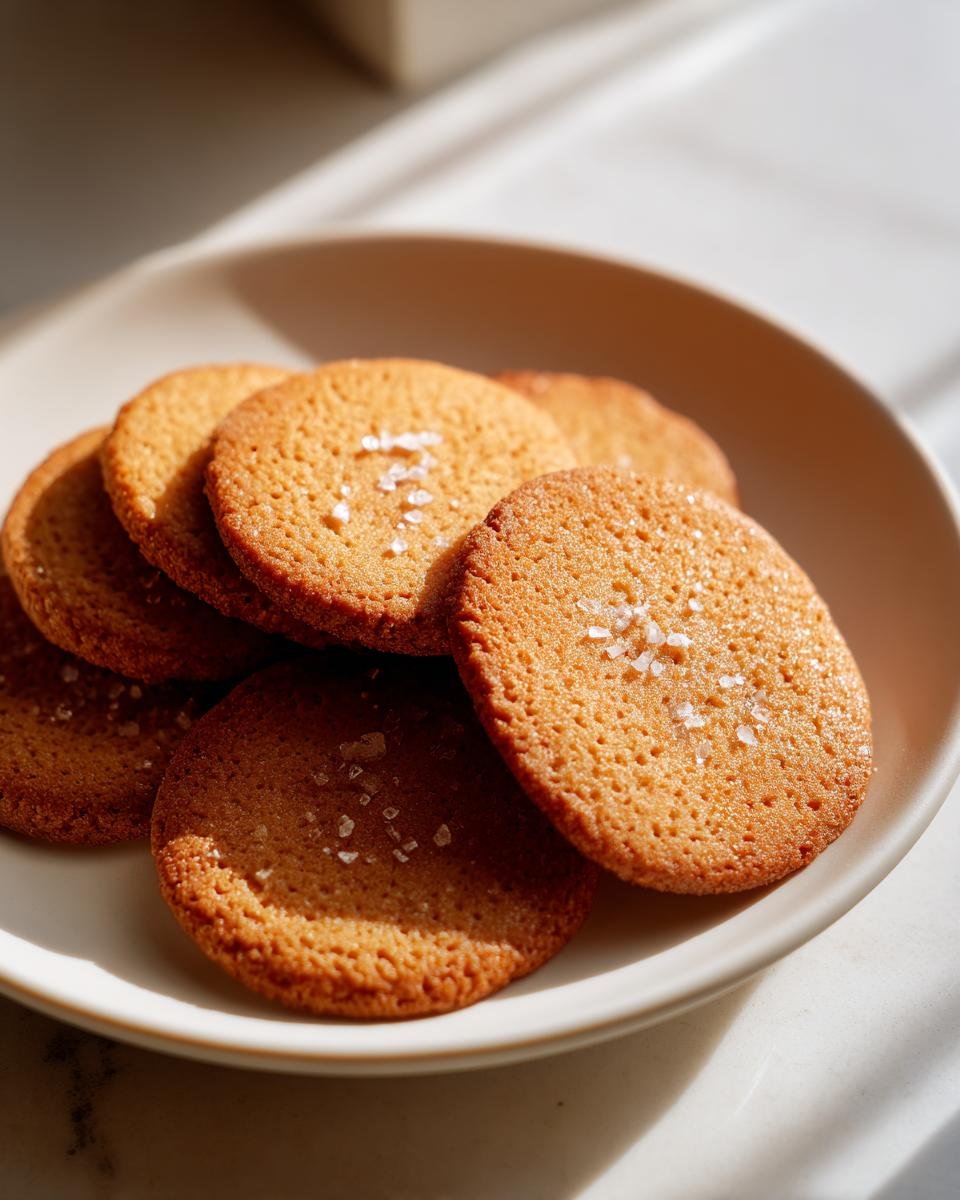 A plate of golden French Salted Butter Cookies, sprinkled with sea salt.