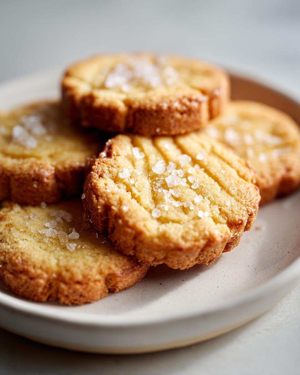 A stack of golden French Salted Butter Cookies on a plate, sprinkled with coarse sea salt.
