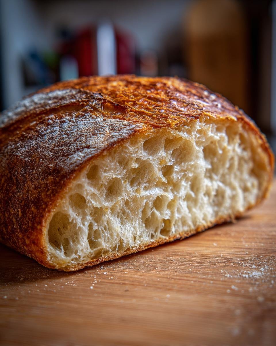 A close-up of A Fresh Italian Bread loaf, showing its crust and airy interior on a wooden board.