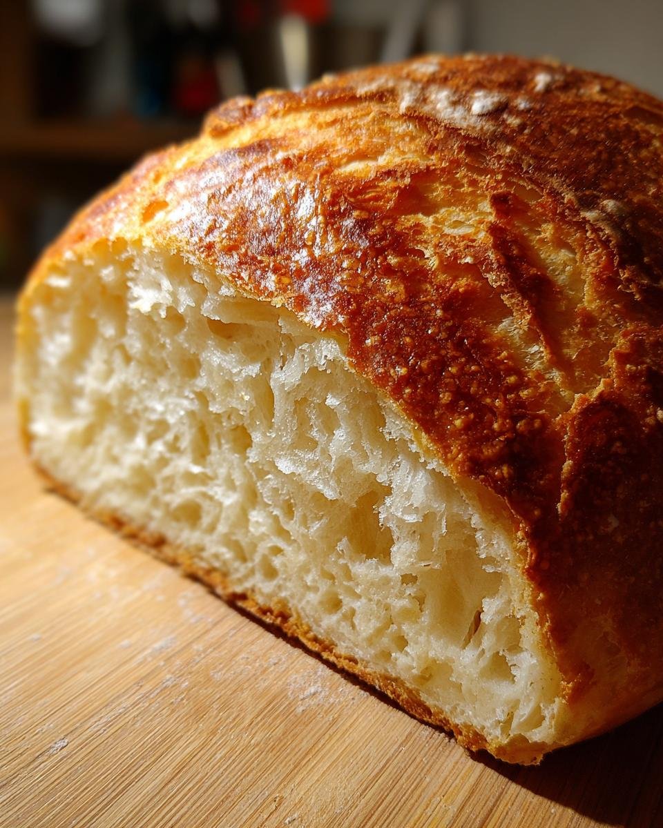 Detailed close-up of A Fresh Italian Bread loaf showing the crust and airy interior on a wooden surface.