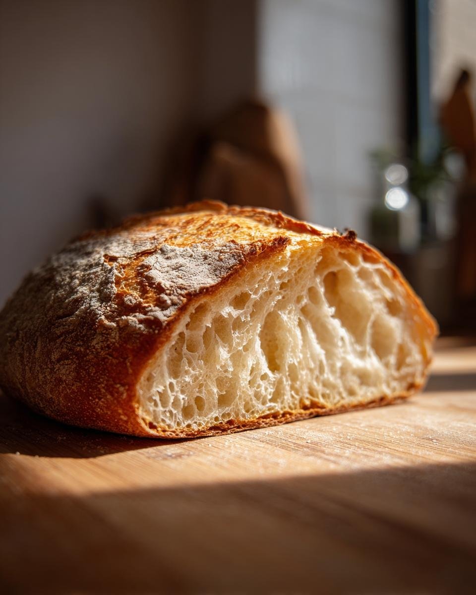 Close-up of A Fresh Italian Bread loaf, cut to show the airy texture and crust.