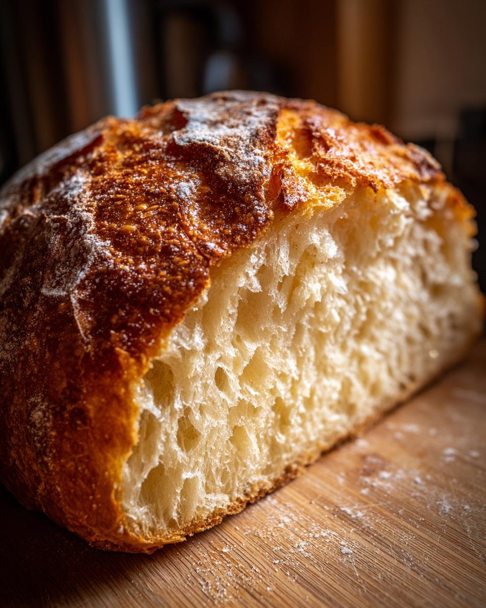Detailed shot of A Fresh Italian Bread loaf, showing the crust and soft interior on a wooden board.
