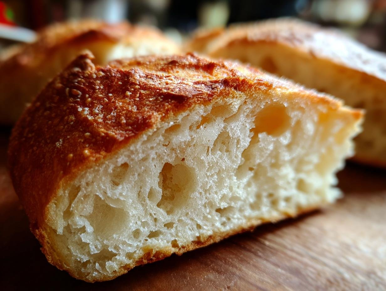 A close-up of a slice of fresh Italian bread showing the crust and airy interior.