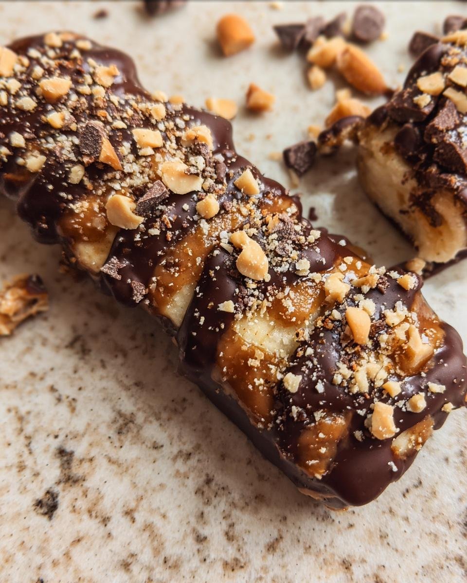 Close-up of a Frozen Banana Snickers bar with chocolate, caramel, and chopped nuts.