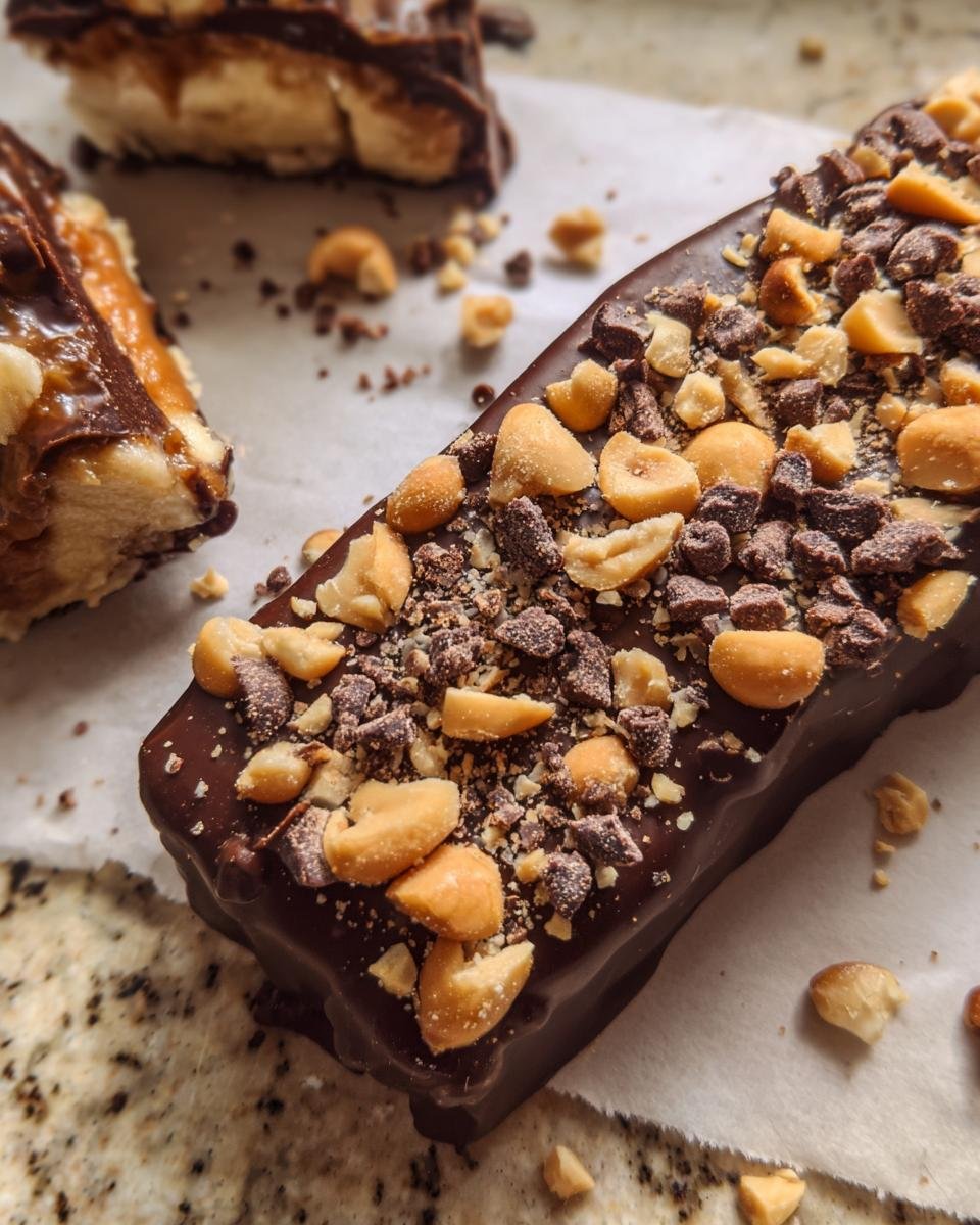 Close-up of a Frozen Banana Snickers bar topped with peanuts and chocolate.