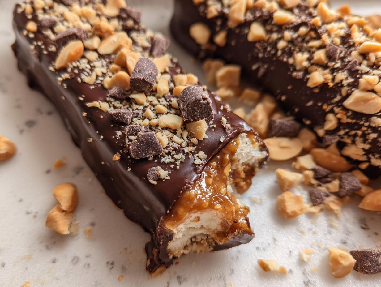 Close-up of a Frozen Banana Snickers bar with chocolate, peanuts, and caramel.