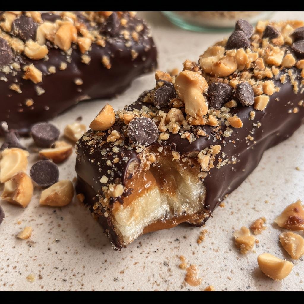 A partially eaten Frozen Banana Snickers bar showing the banana, caramel, chocolate, and peanut topping.