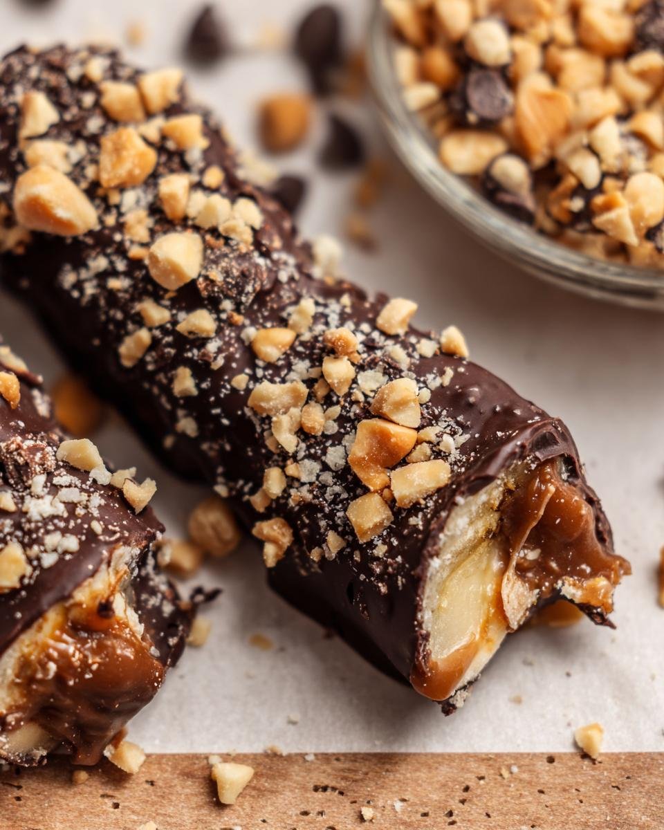 Close-up of a Frozen Banana Snickers with chocolate, caramel, and peanut toppings.