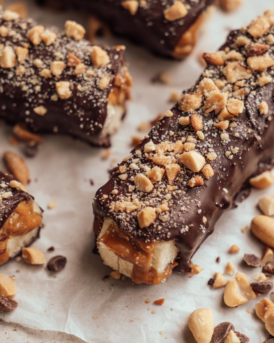 Close-up of Frozen Banana Snickers with chocolate, caramel, and chopped peanuts.