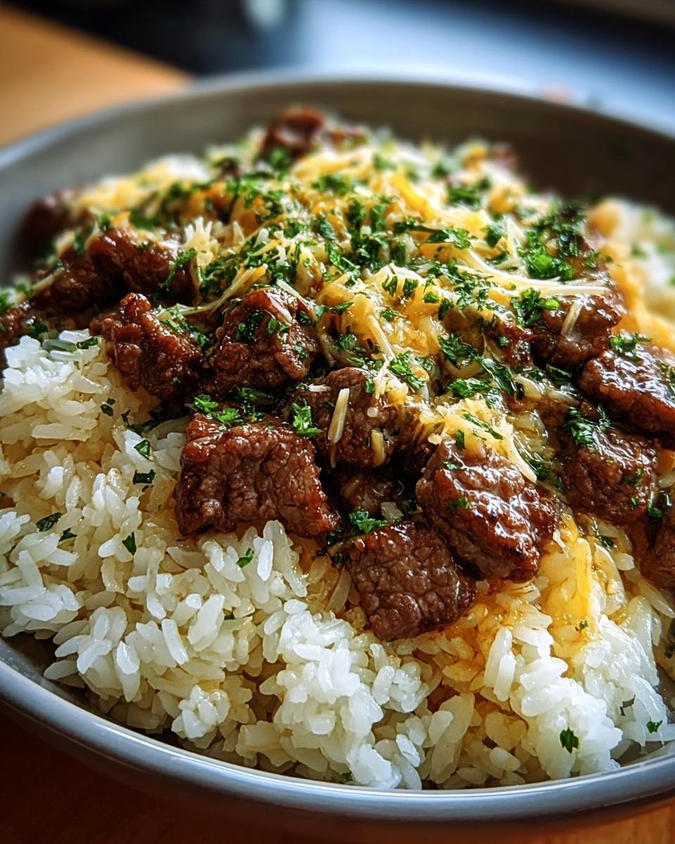Close-up of Garlic Beef and Rice with Parmesan, showing tender beef, fluffy rice, and melted cheese.