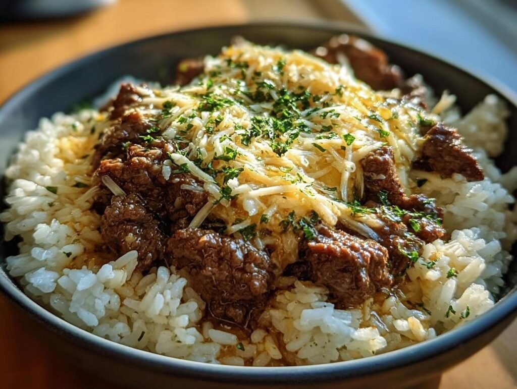 Bowl of Garlic beef and Rice with Parmesan, topped with fresh herbs. Ready to eat.