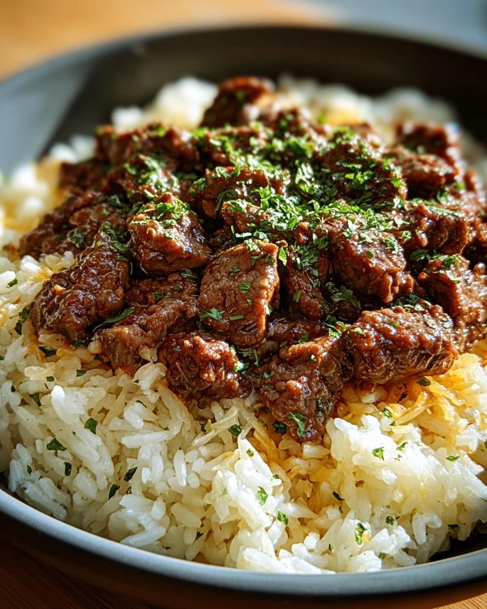 A bowl of Garlic Beef and Rice with Parmesan, garnished with fresh herbs. Ready to eat!