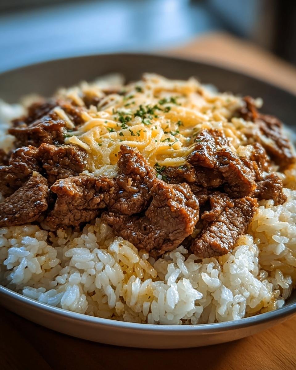 A bowl of Garlic beef and Rice with Parmesan, topped with fresh herbs.