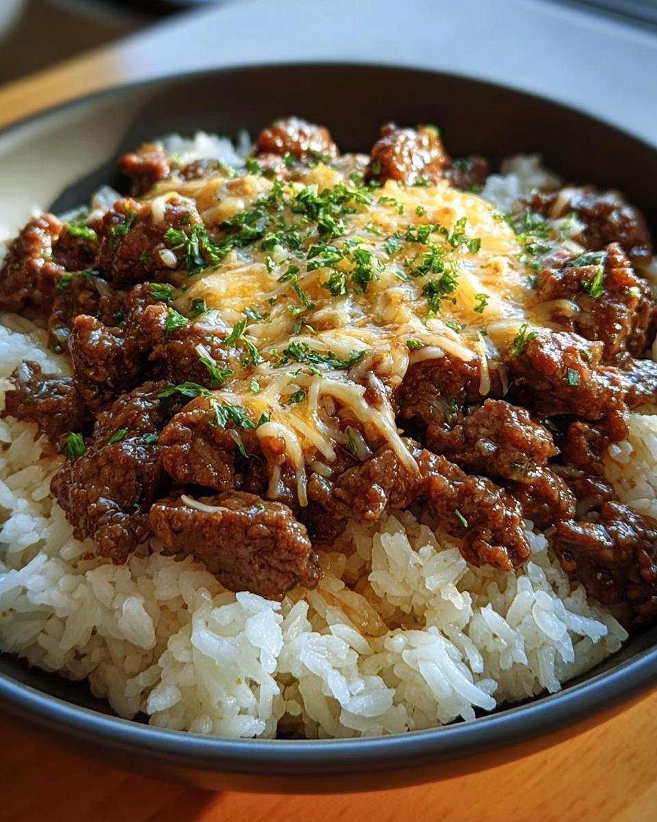 A delicious bowl of Garlic Beef and Rice with Parmesan, topped with fresh parsley.