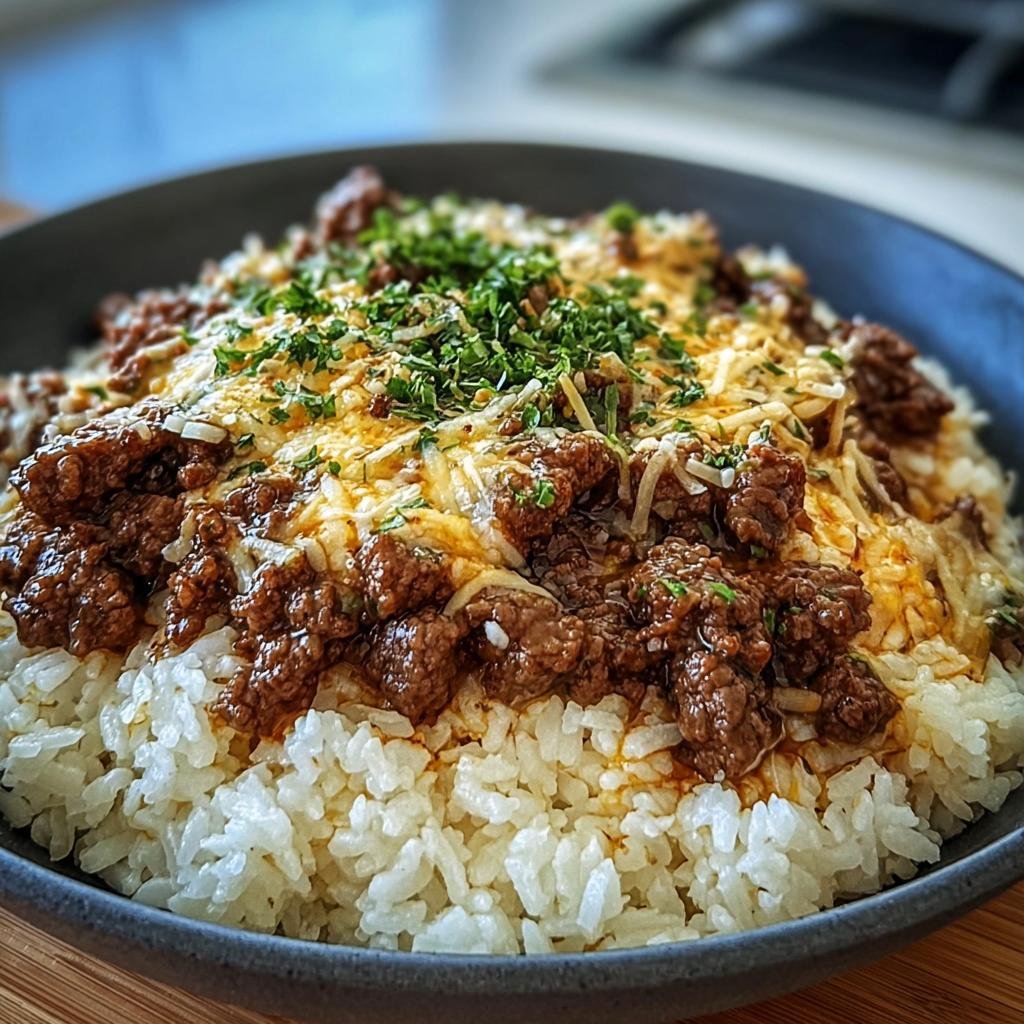 A bowl of Garlic Beef and Rice with Parmesan, topped with fresh herbs, ready to be served.