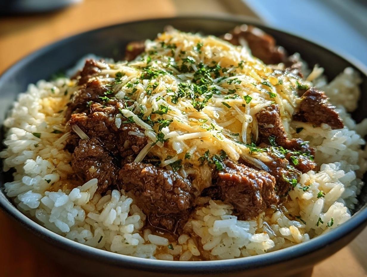Bowl of Garlic beef and Rice with Parmesan, topped with fresh herbs. Ready to eat.