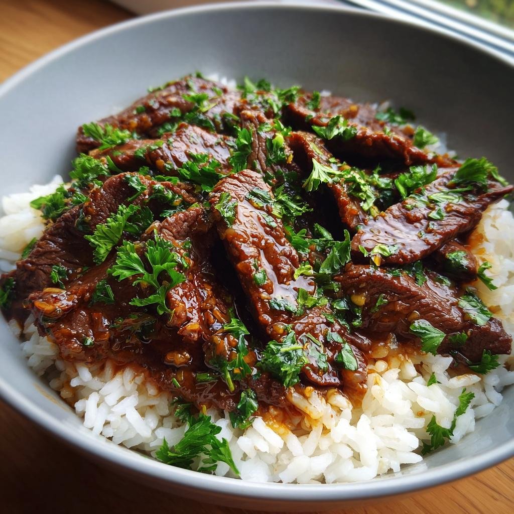A delicious bowl of Garlic Butter Beef and Rice, garnished with fresh parsley.
