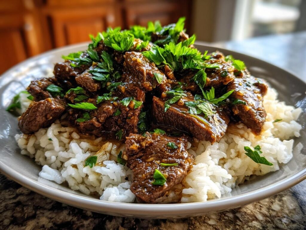 A bowl of Garlic Butter Beef and Rice, garnished with fresh parsley, ready to eat.