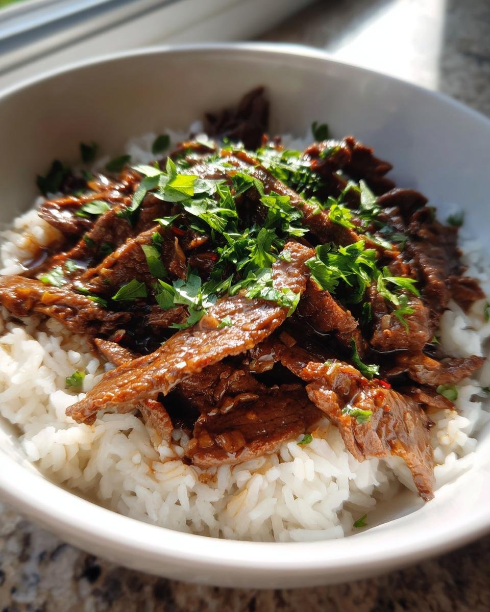 A delicious bowl of Garlic Butter Beef and Rice, garnished with fresh parsley.