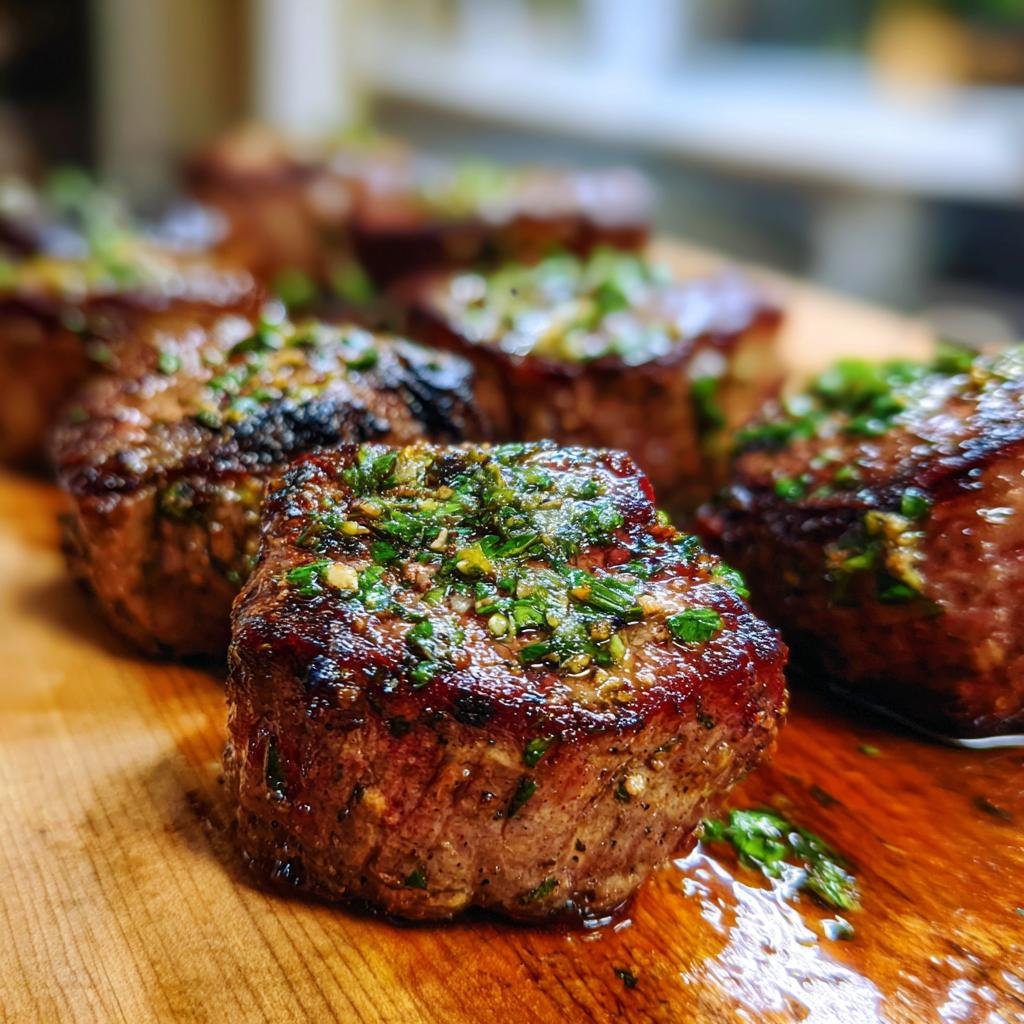 Close-up of Garlic Butter Beef Bites, seasoned and cooked to perfection on a wooden board.
