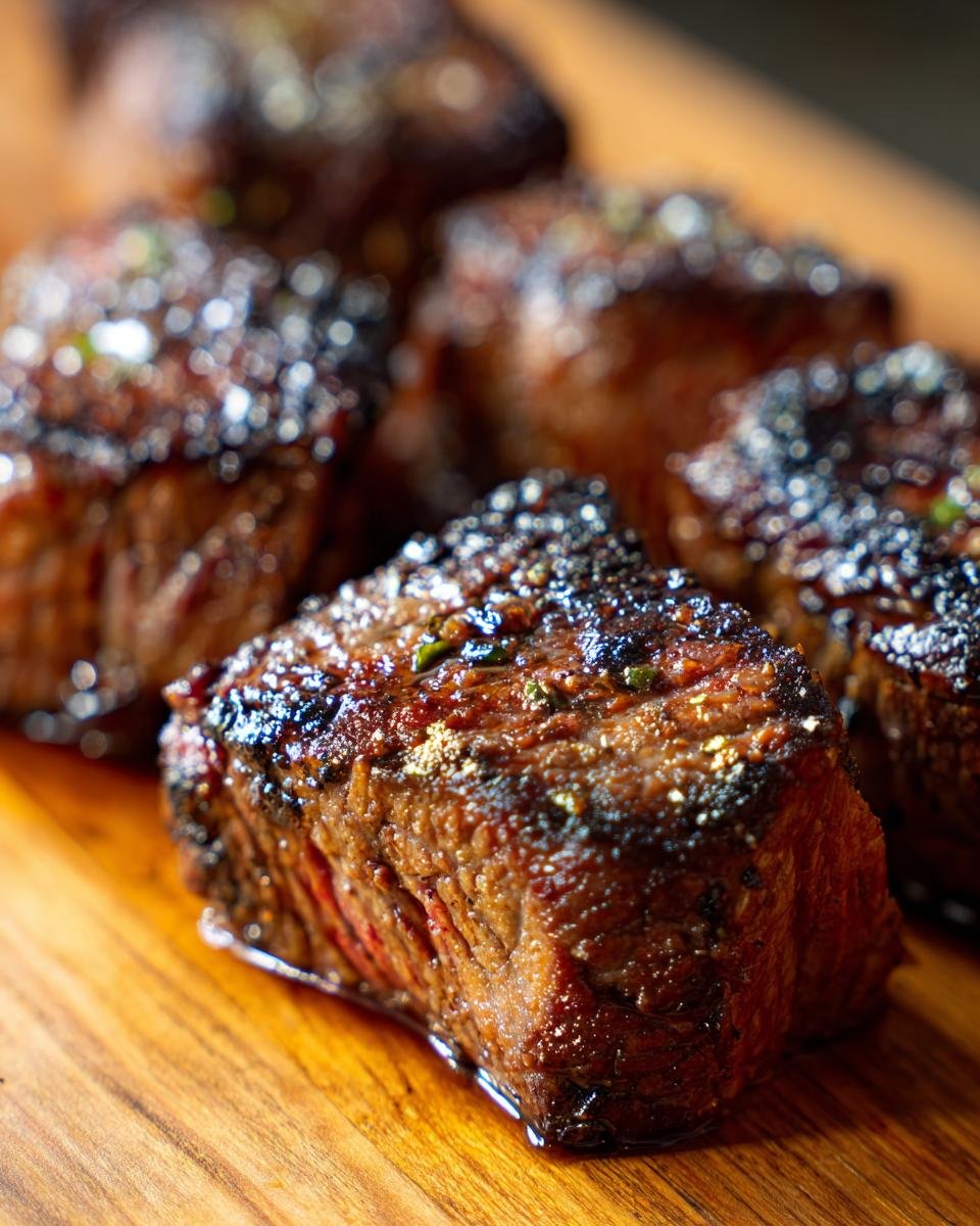 Close-up of juicy Garlic Butter Beef Bites, cooked to perfection on a wooden board.