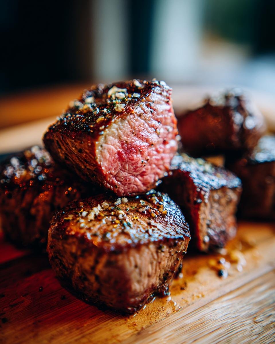 Close-up of perfectly cooked Garlic Butter Beef Bites, showcasing the tender, juicy interior and seasoned exterior.