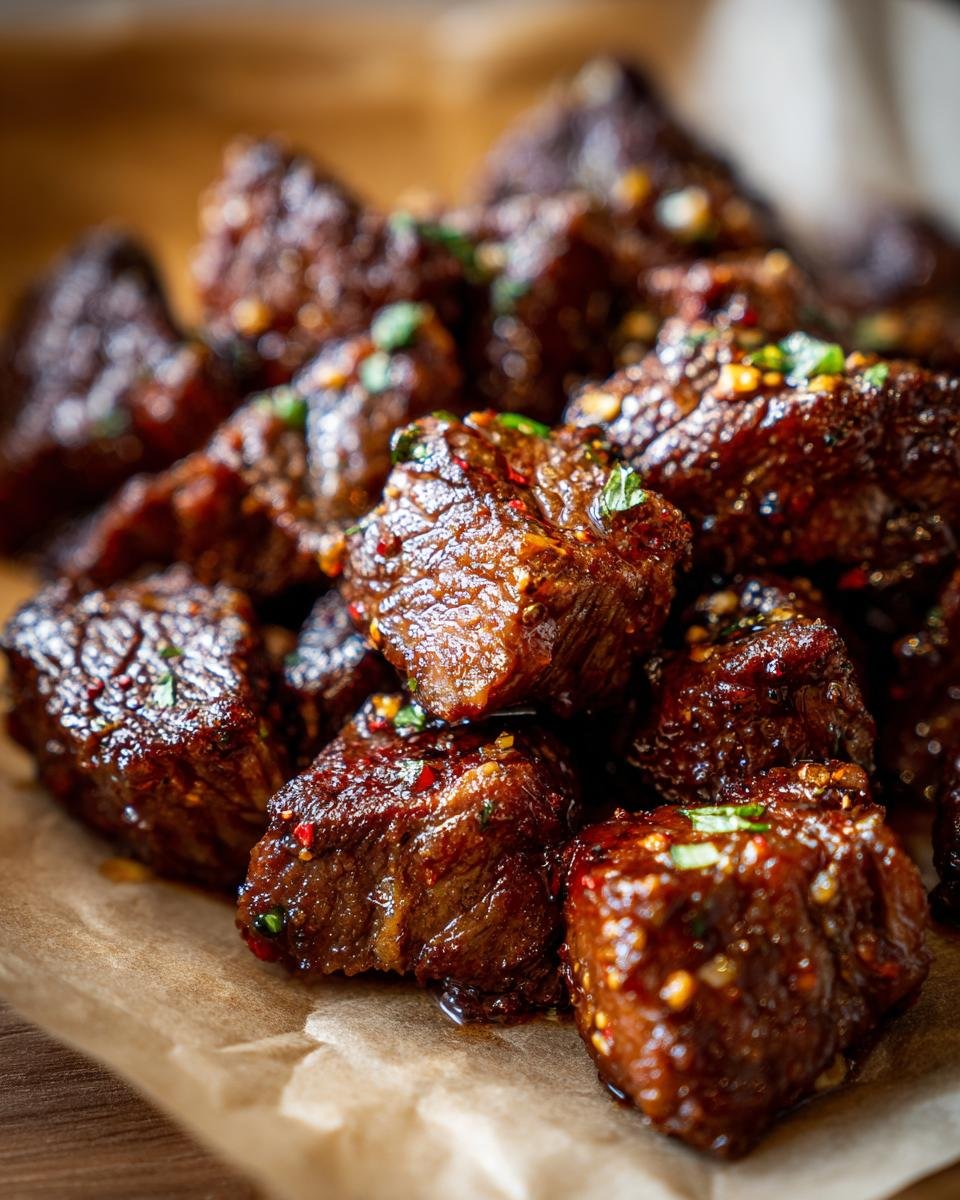 Close-up of glistening Garlic Butter Beef Bites, seasoned and ready to eat.