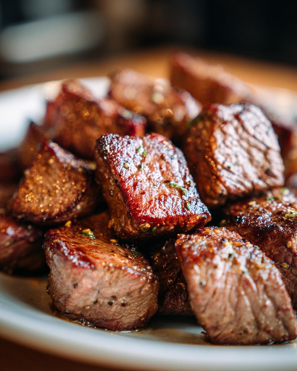 A close-up of a plate piled high with juicy Garlic Butter Beef Bites, seasoned and cooked to perfection.