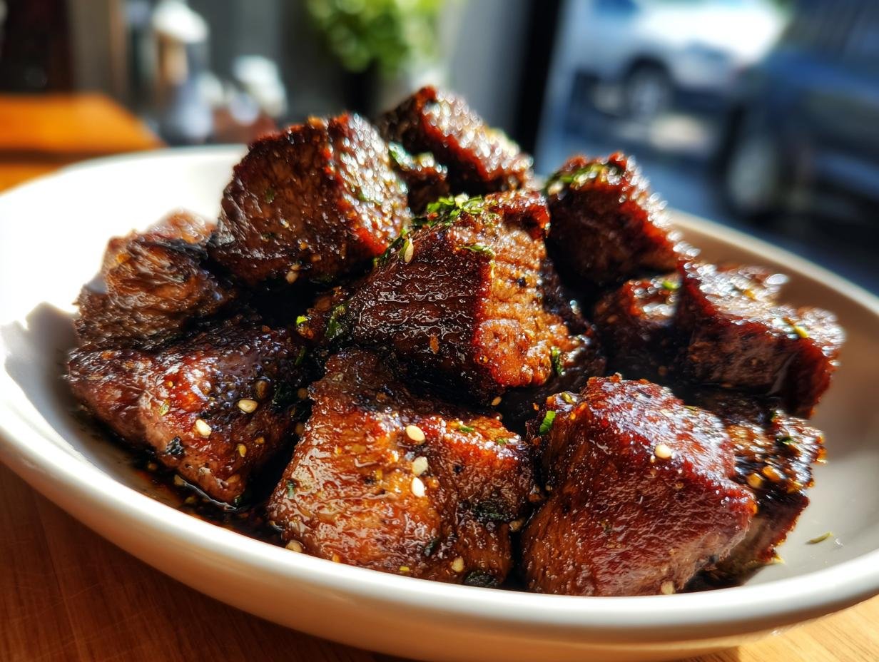 Close-up of Garlic Butter Beef Bites in a white bowl, garnished with herbs and sesame seeds.