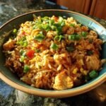 A bowl of Garlic Chicken Fried Rice topped with chopped green onions, ready to eat.