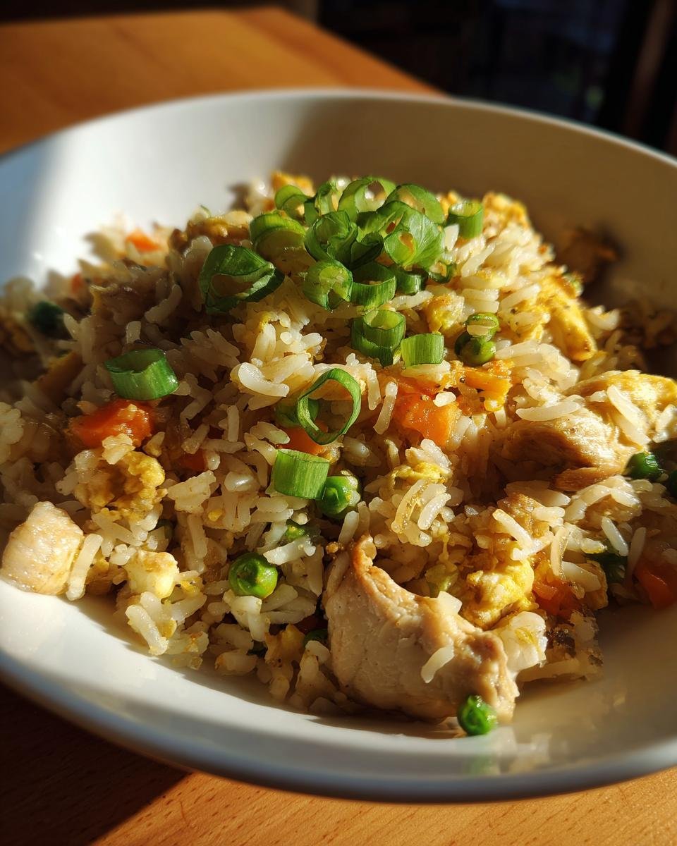 A bowl of delicious Garlic Chicken Fried Rice, garnished with green onions. Ready to eat!