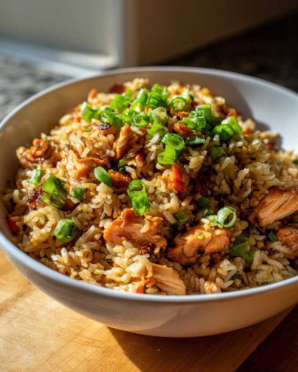 A bowl of Garlic Chicken Fried Rice, garnished with green onions, ready to eat.