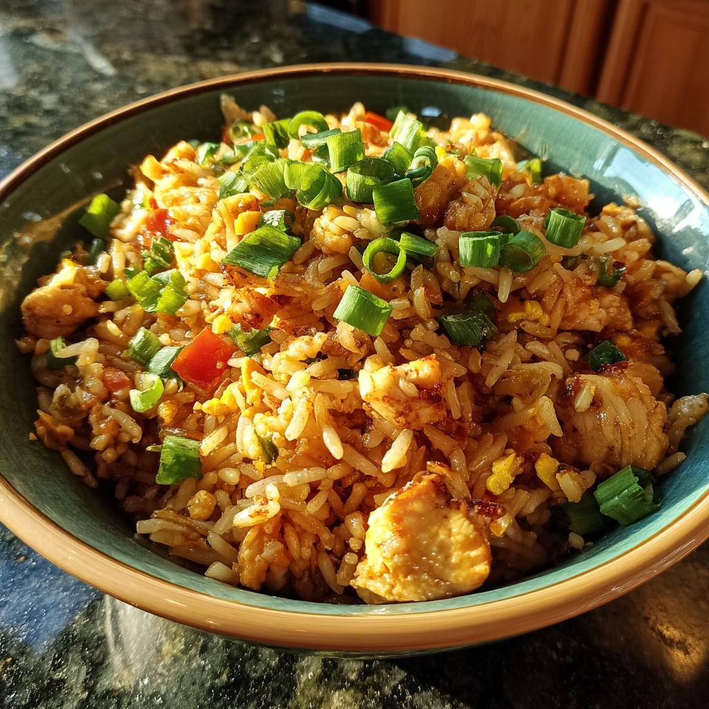 A bowl of Garlic Chicken Fried Rice topped with chopped green onions, ready to eat.